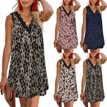 Fashion Lace Spliced V-neck Sleeveless Leopard Printed Dress