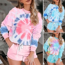 Fashion Tie-dye Printed Long Sleeve Top + Shorts Two-piece Set