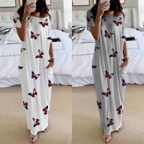 Sexy Oblique Shoulder Short Sleeve Butterfly Printed Dress