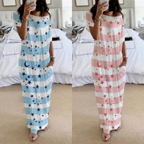 Sexy Oblique Shoulder Short Sleeve Star Striped Printed Dress