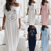 Sexy Oblique Shoulder Short Sleeve Cartoon Heart Printed Dress