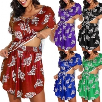 Fashion Short Sleeve V-neck Printed Top + Shorts Two-piece Set