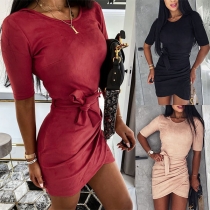 Fashion Solid Color Short Sleeve Round Neck Dress with Waist Strap