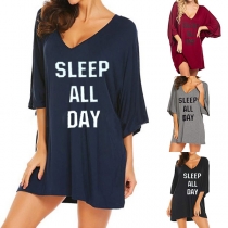 Fashion Letters Printed Half Sleeve V-neck Loose T-shirt Dress