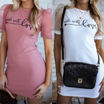 Fashion Gauze Spliced Puff Sleeve Letters Print Dress