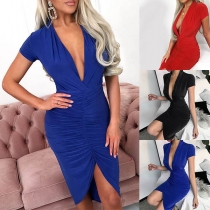 Sexy Deep V-neck Slit Hem Short Sleeve Slim Fit Party Dress