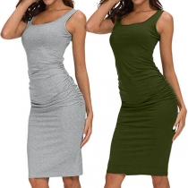 Simple Style Sleeveless Round Neck Solid Color Slim Fit Tank Dress
