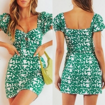 Fresh Style Short Sleeve Knotted V-neck Slim Fit Printed Dress