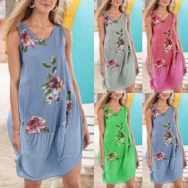 Casual Style Sleeveless Round Neck Printed Dress