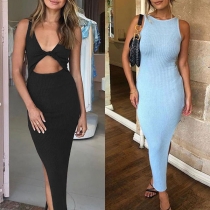 Sexy Backless Slit Hem Sleeveless Round Neck Slim Fit Dress