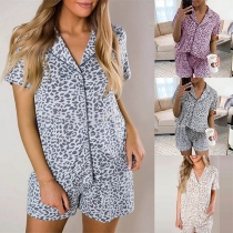 Fashion Leopard Printed Short Sleeve Top + Shorts Nightwear Set