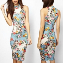 Retro Style Sleeveless Mock Neck Slim Fit Printed Dress