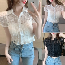 Fashion Short Sleeve POLO Collar See-through Lace Shirt