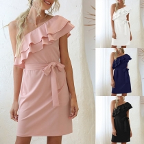 Sexy Ruffle One-shoulder Solid Color Dress