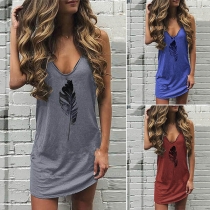 Casual Style Leaf Printed V-neck Sling Dress