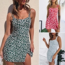 Sexy Backless Slit Hem Slim Fit Printed Sling Dress