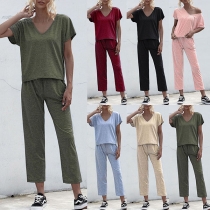 Fashion Short Sleeve V-neck T-shirt + Pants Two-piece Set