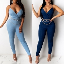 Sexy Backless V-neck High Waist Slim Fit Sling Denim Jumpsuit