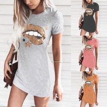 Fashion Leopard Spliced Lip Printed Short Sleeve T-shirt Dress