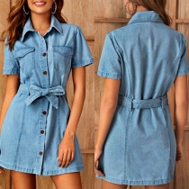 Fashion Short Sleeve POLO Collar Denim Dress