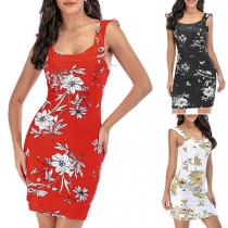 Sexy Backless Sleeveless Slim Fit Printed Dress