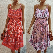 Sexy Backless High Waist Colorful Printed Sling Dress