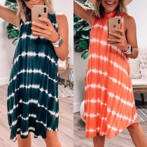 Fashion Sleeveless Mock Neck Tie-dye Printed Loose Dress