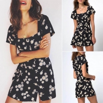 Fashion Short Sleeve Square Collar Daisy Printed Dress