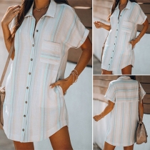 Fashion Short Sleeve POLO Collar Striped Shirt Dress