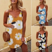 Sexy Backless V-neck Daisy Printed Sling Dress