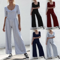 Fashion Solid Color Short Sleeve Round Neck High Waist Jumpsuit