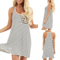 Fashion Leopard Spliced Sleeveless Round Neck Striped Dress