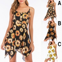 Sexy Backless Irregular Hem Printed Sling Dress