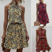 Sexy Off-shoulder High Waist Printed Halter Dress