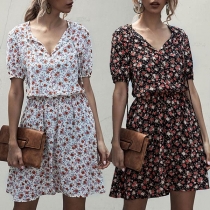 Fashion Short Sleeve V-neck Printed Dress