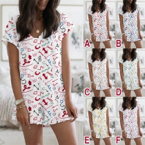 Fashion Short Sleeve V-neck Printed Top + Shorts Nightwear Set