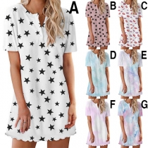 Fashion Short Sleeve V-neck Printed Nightwear Dress