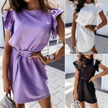 Fashion Solid Color Lotus Sleeve Round Neck Dress