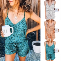 Sexy Backless V-neck Leopard Printed Sling Top + Shorts Nightwear Set