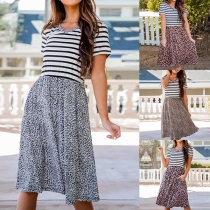 Fashion Striped Spliced Short Sleeve V-neck Leopard Dress