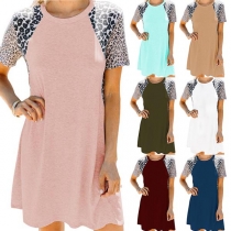 Fashion Leopard Spliced Short Sleeve Round Neck Dress