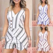 Fashion Sleeveless V-neck Slit Hem Slim Fit Striped Romper