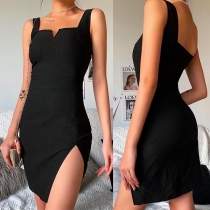 Sexy Slit Hem Sleeveless V-neck Slim Fit Dress