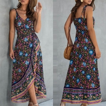 Sexy Backless V-neck Irregular Hem Printed Sling Dress