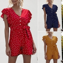 Fresh Style Lotus Sleeve V-neck Dots Printed Romper