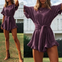 Fashion Short Sleeve Round Neck Ruffle Hem Lace-up Romper