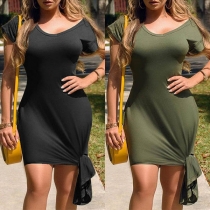 Fashion Solid Color Short Sleeve V-neck Knotted Hem Dress
