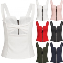 Sexy Backless Front-zipper Solid Color Sling Top