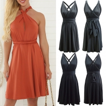 Sexy Backless V-neck Solid Color Sling Dress