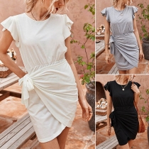 Fashion Solid Color Lotus Sleeve Lace-up Dress
